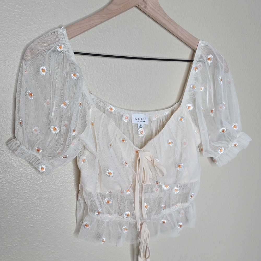 Le Lis Ivory Sheer Mesh Daisy Embroidered Crop Top Cottagecore Size Medium - Picture 4 of 11